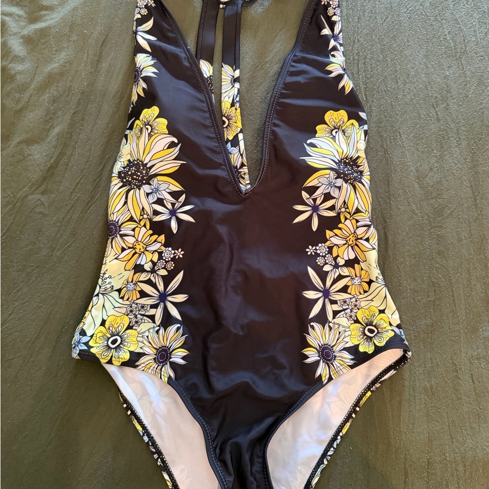 Floral Black and Yellow One-Piece Swimsuit